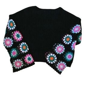 Black and Pink Crew Neck Sweater with Vibrant Sleeves